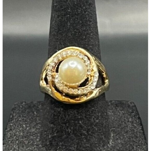 Unbranded Jewelry - Vintage Antique Gold Tone Rhinestone Pearl Cocktail Ring - Size 6